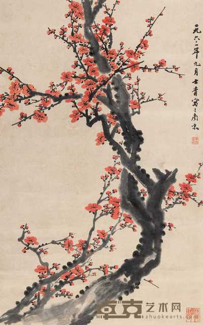 丁士青 梅花 镜心 69×43cm